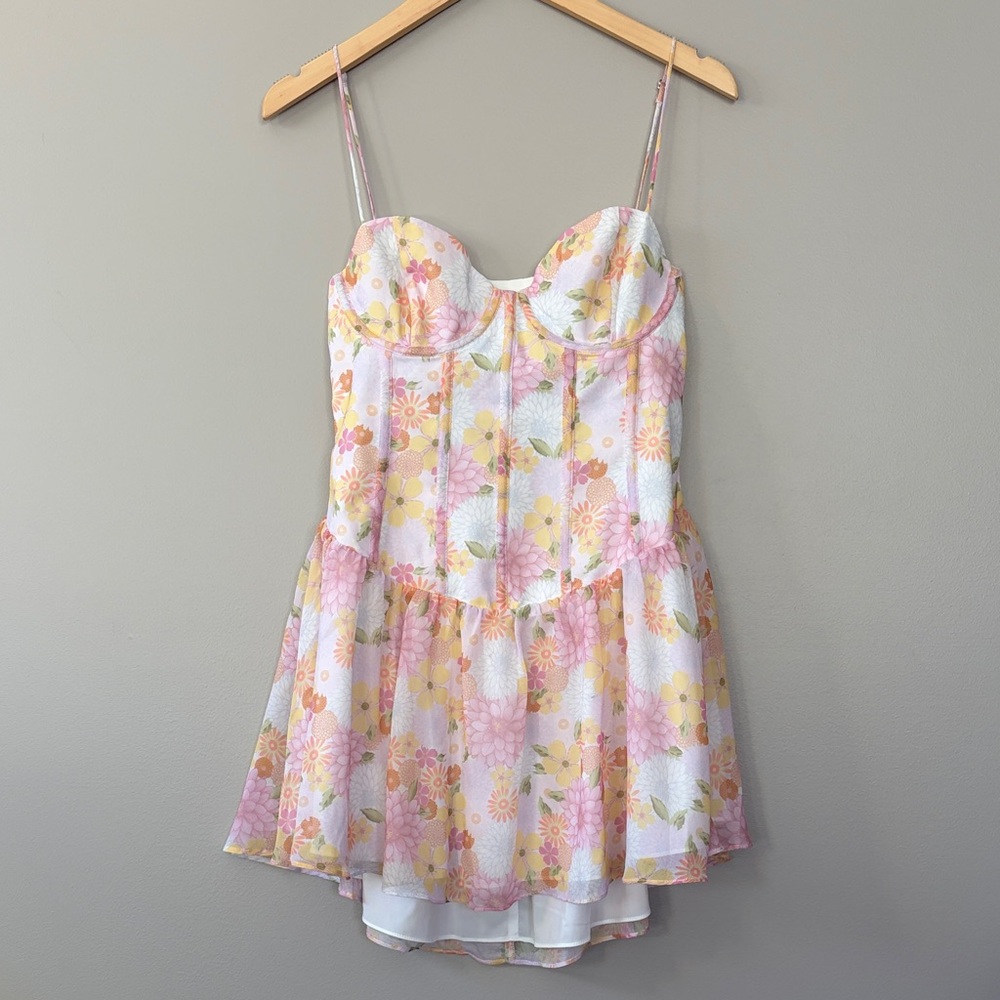 For Love & Lemons Carrie Mini Dress Floral Medium Pink Yellow White Green Pastel